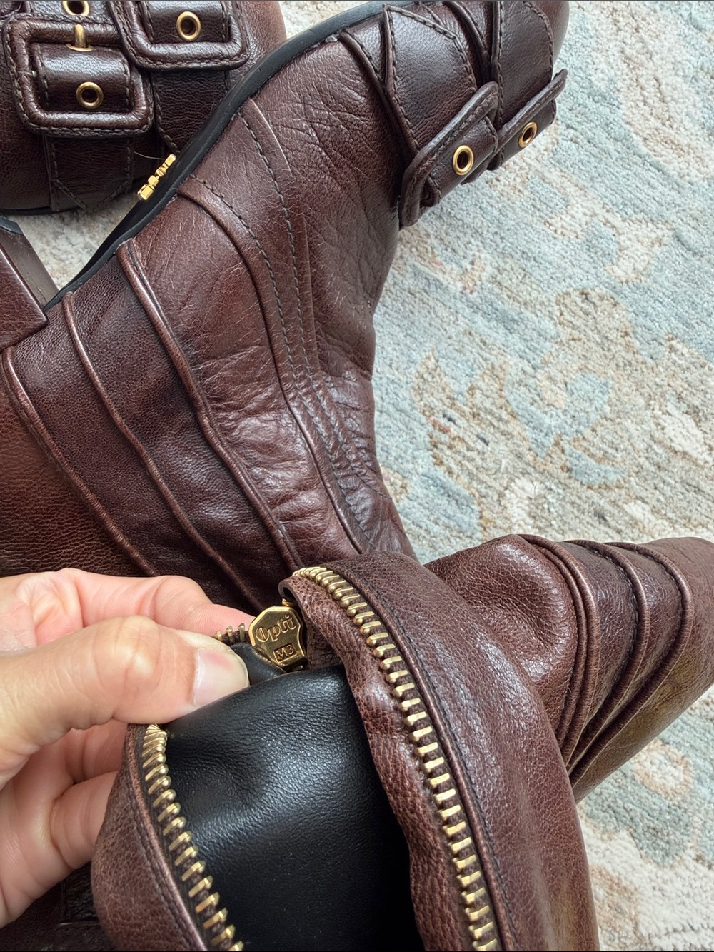 Runway Prada Capra Leather Over-The-Knee Tall Low Heel Boots Brown Size 37 EU - Picture 15 of 17